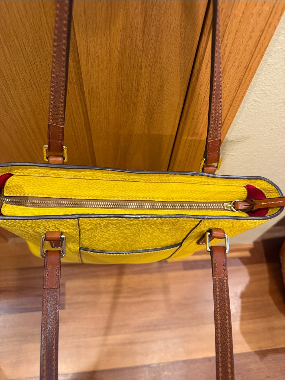 Dooney & Bourke Bright Yellow Pebbled Leather Tote with Brown Straps - Picture 5 of 9